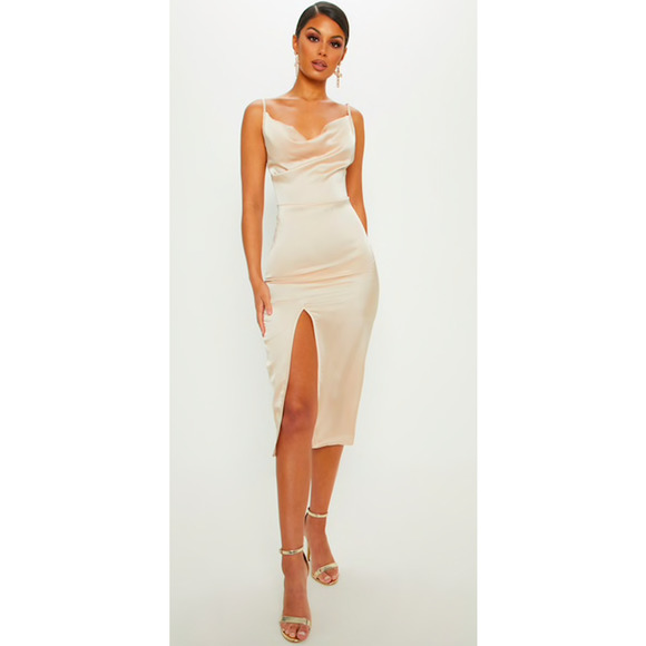 PrettyLittleThing Dresses & Skirts - PRETTYLITTLETHING Champagne Satin Strappy Cowl Neck Sleeveless Midi Dress Sz 12